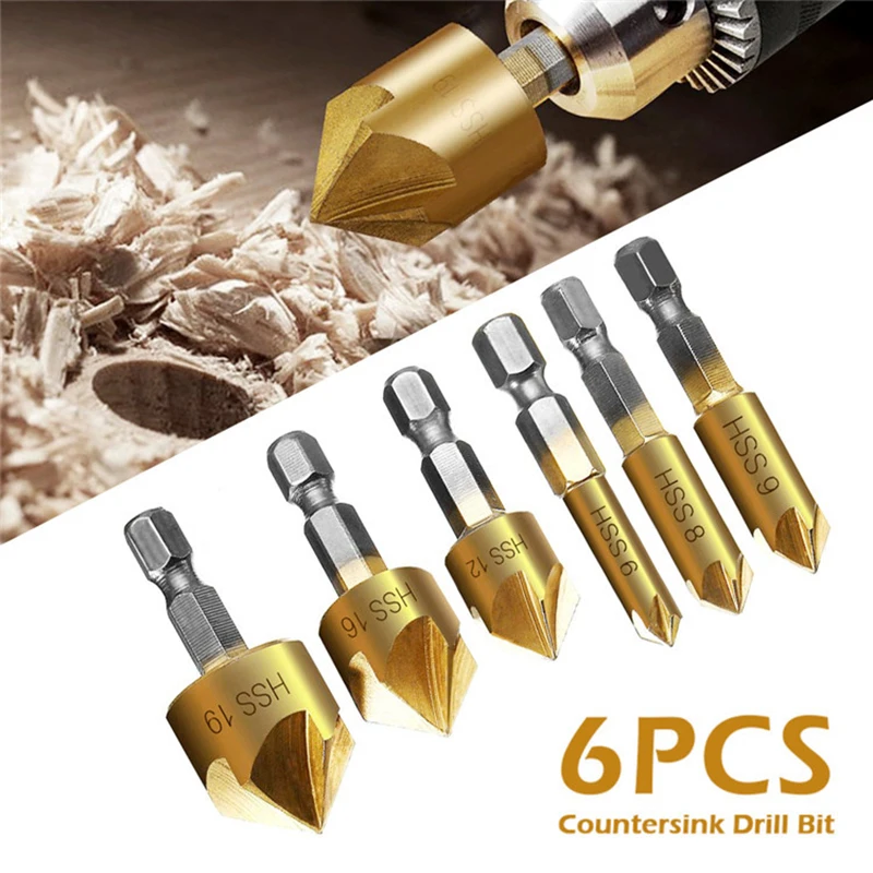 6pc Countersink Drill Bit Set 1/4'' Hex Shank HSS 5 Flute Countersink 90 Degree Wood Chamfering Cutter Chamfer 6mm-19mm Tool Set