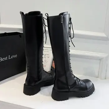 

Boots Combat Antumn Women 2020 Female High Platform Gothic Shoes Black Leather Boots Lace up Women Knee High Boots