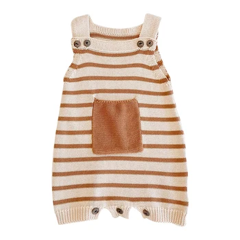 

Autumn Pocket Striped Sling Romper Baby Infant Knitted Woolen One-Piece Fart Romper