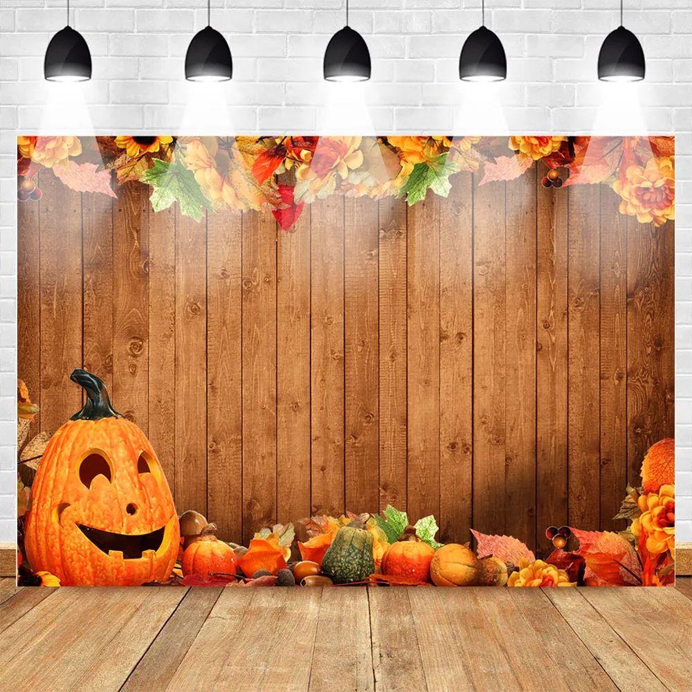 

Halloween Party Backdrop Wooden Wall Floor Photo Background For Photo Studio Pumpkin Lanterns Retro Kids Photographic Background