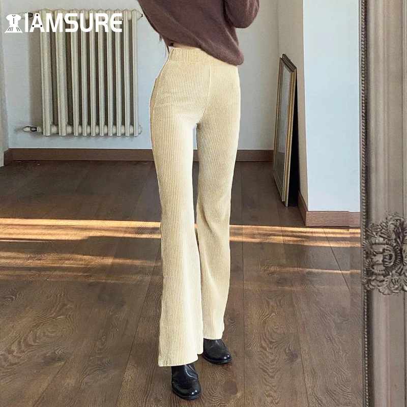 

IAMSURE Corduroy Trousers Women Elastic Waist Slim Flare Pants High Waisted Wide Leg Joggers Casual Streetwear Korean Fashion