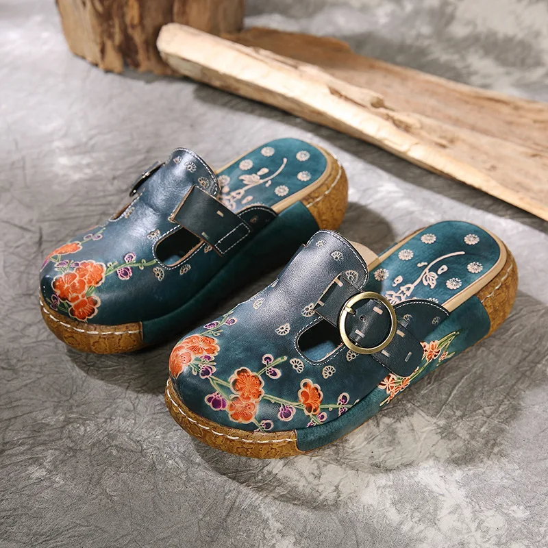

2019 Summer New Style Ethnic-Style Plum Totem Sandals Platform Heel Closed-toe Slippers Thick Bottomed Anti-slip Shoes Women's