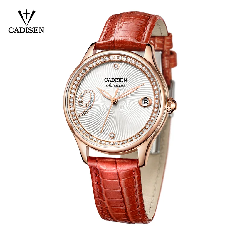 CADISEN новые роскошные женские Автоматические механические часы для отдыха модный элегантный красный, кожаный, для наручных часов 5 АТМ Водонепроницаемый календарь