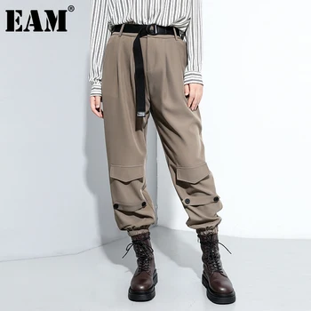 

[EAM] High Elastic Waist Khaki Brief Long Harem Trousers New Loose Fit Pants Women Fashion Tide Spring Autumn 2020 1DC074