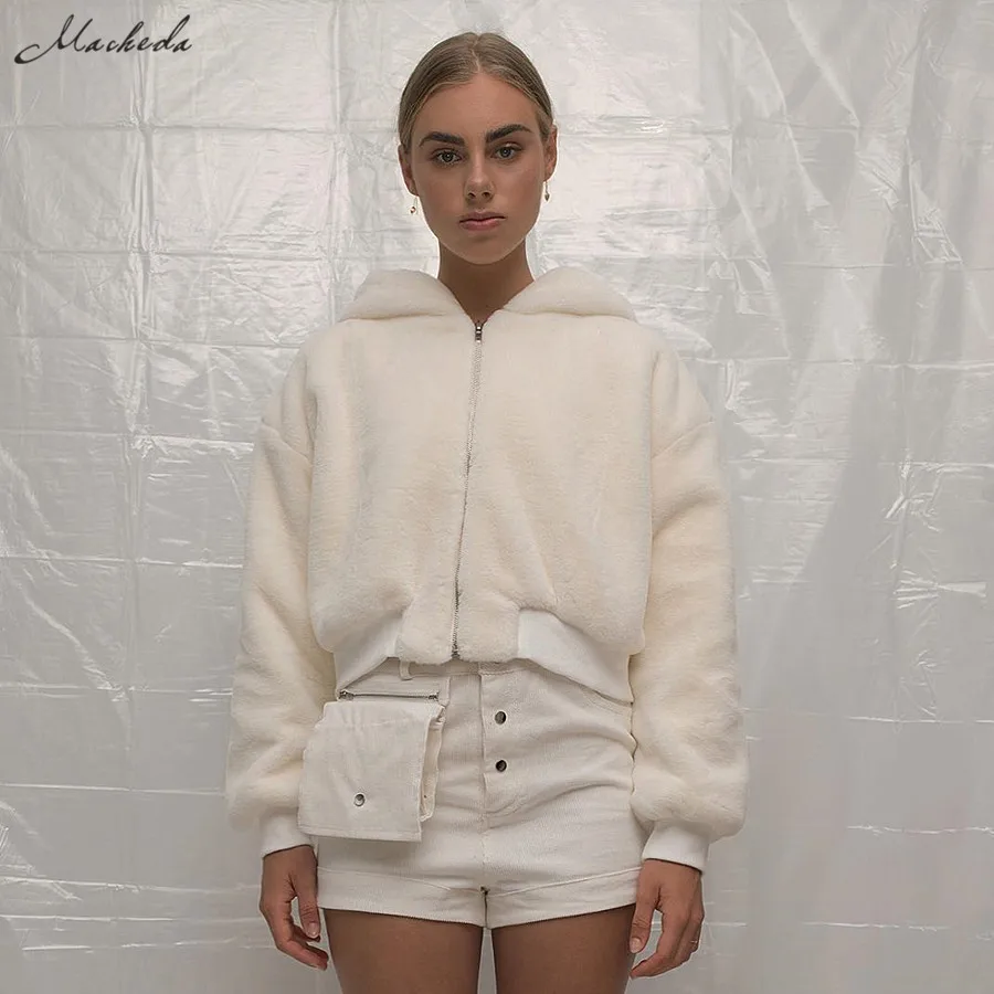 Macheda Autumn Winter Women Zipper Hooded White Long Sleeve Thick Fleece Outwear Fashion Lady Street Casual Jackets New