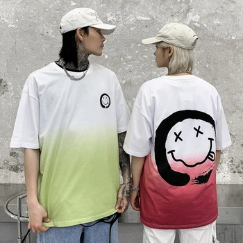 

Gradient Smiley Print O Neck Cotton Summer Tshirts Men Color Match Short Sleeve Streetwear Oversize T Shirt Couple Loose Tees