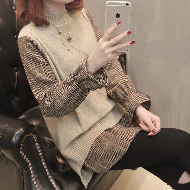

2019 Spring And Autumn Mosaic Fake Two Pieces Of Fashion Sweater Women's Round Neck Plaid Long Sleeve Long Pullover Female