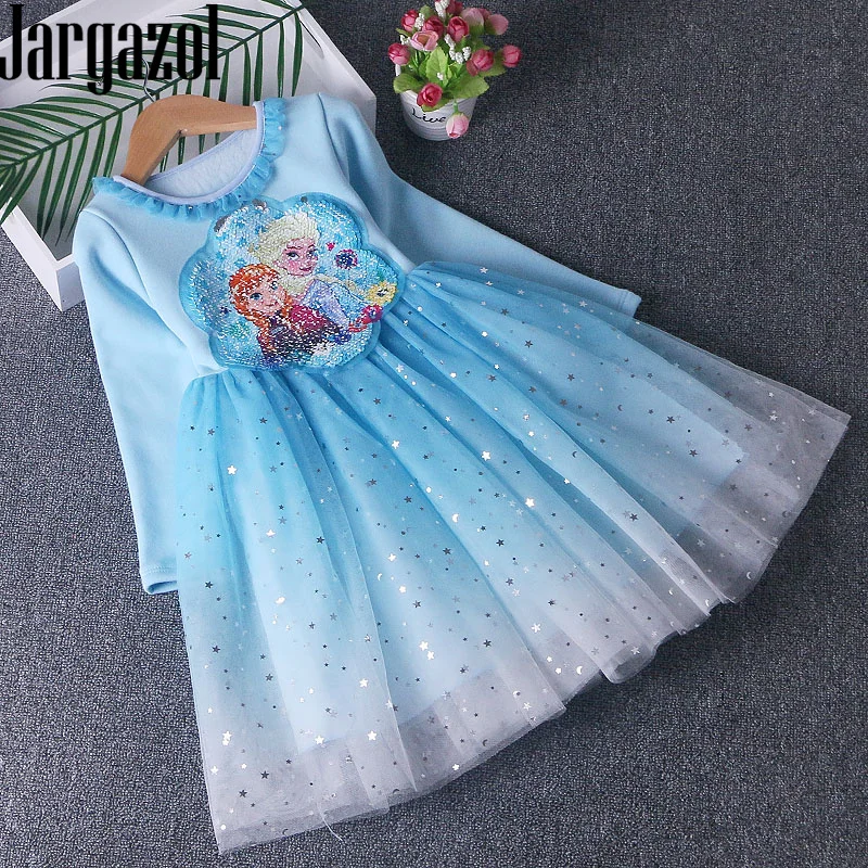 

Jargazol Winter Fleece Girl Dress Icing Elsa Anna Reversible Sequins Kids Dresses for Girls Teenagers Party Princess Costume