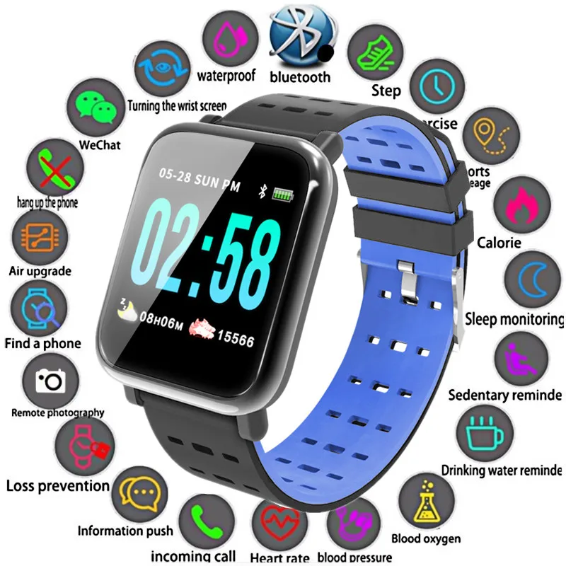 

Bluetooth A6 Smart Watch Heart Rate Monitor Sport Fitness Tracker Blood Pressure Call Reminder Men Watch for iOS Android Gift