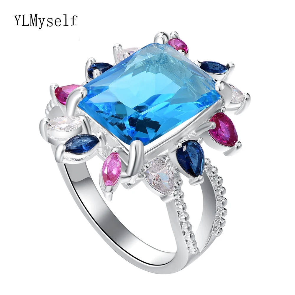 Brass Big Rectangle Blue Zircon Ring With Multi Color Crystal Pretty