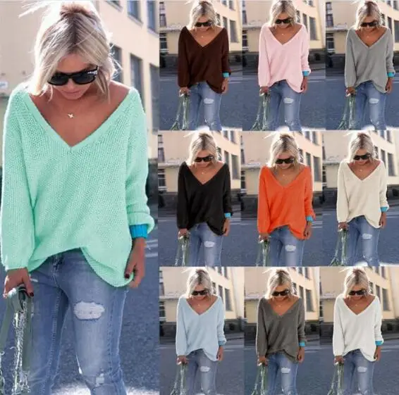 

2017 new autumn European and American style V collar long sleeve solid color sweater women fashion temperament sexy