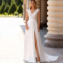 

Boho Elegant V-Neck Wedding Dress Lace Appliques Side Split Short Sleeve Backless Sweep Train Chiffon Bride Gown Robe De Mariée