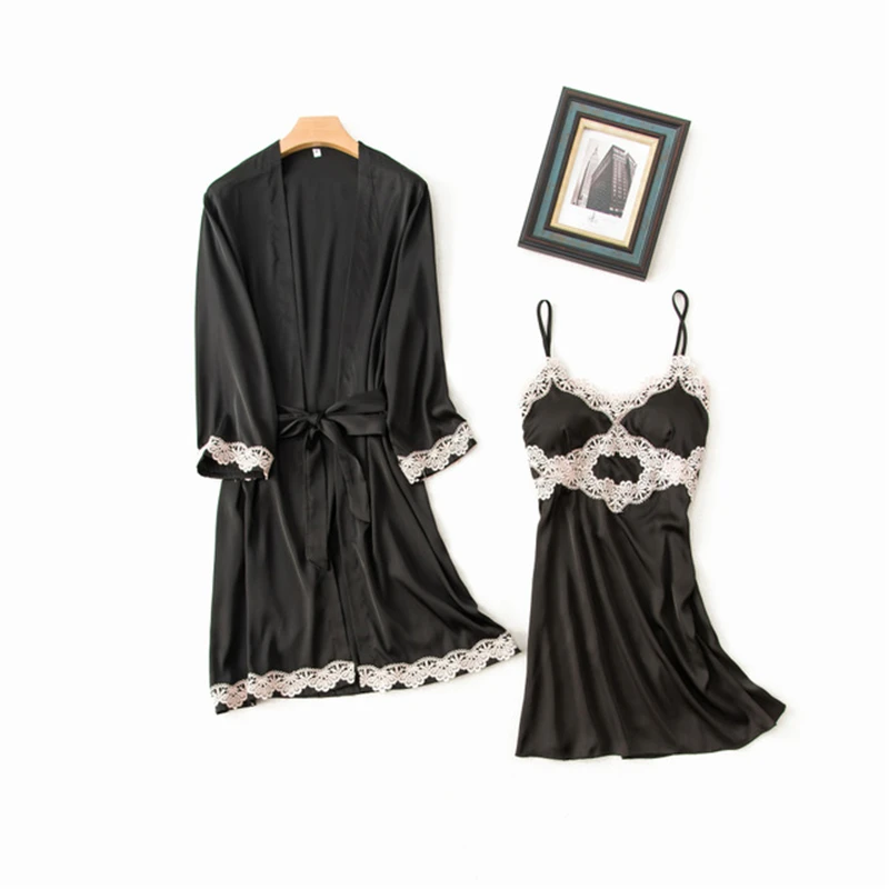 Red Sleepwear ice silk sling female Korean lace sling sexy nightware suit home service new arrival party Nightgown long robe