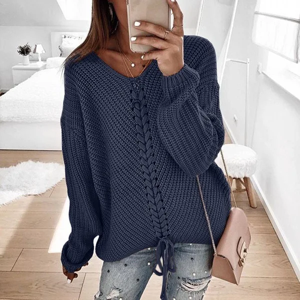 Модный женский свитер большого размера осень и зима сплошной цвет v-образный вырез с длинным рукавом свободный женский свитер высокого качества - Цвет: Тёмно-синий