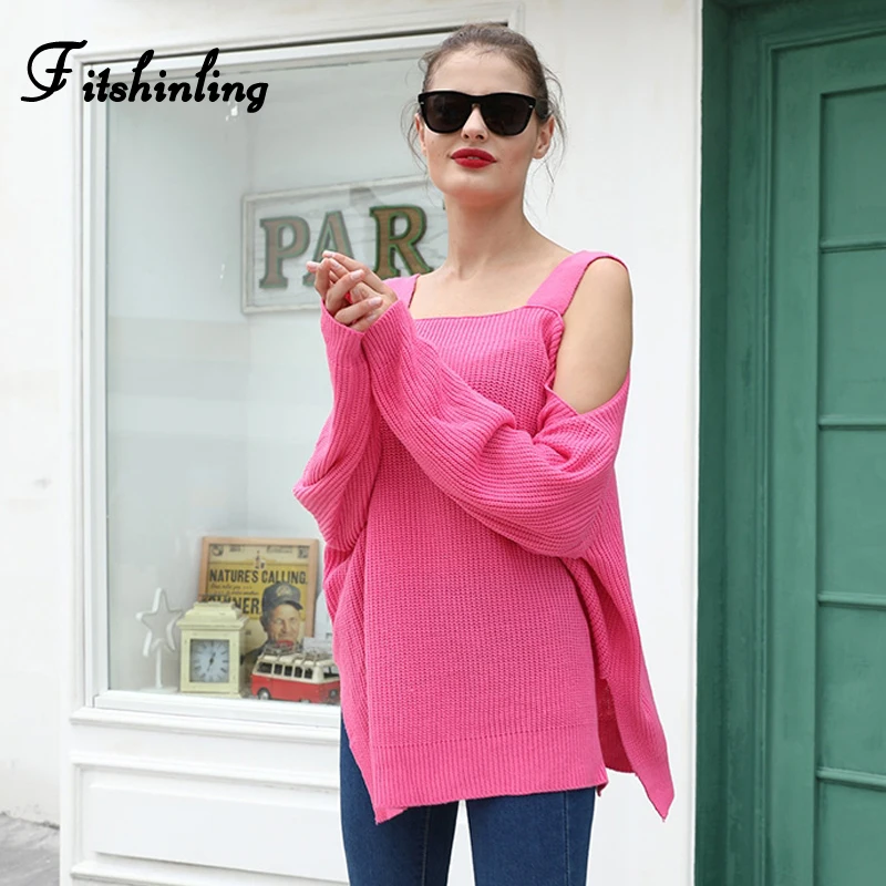 

Fitshinling Open Shoulder Oversized Sweater Female 2019 Loose Solid Pink Pullovers Women's Sweaters Winter Autumn Knitted Jumper