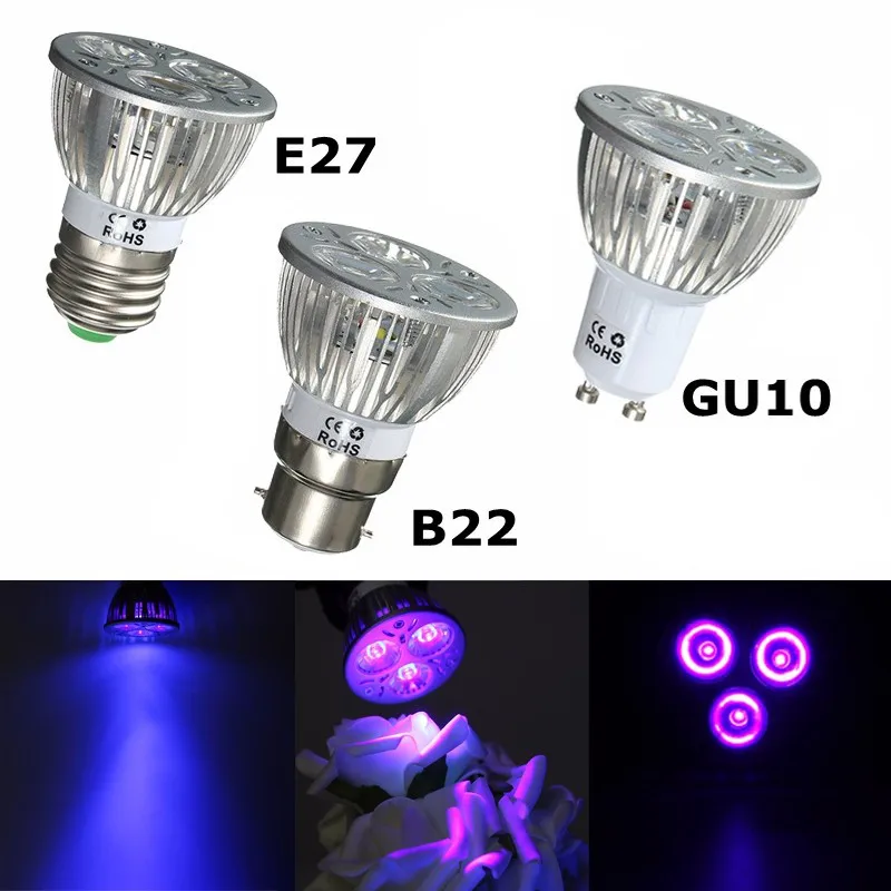 3W светодиодный светильник для выращивания E27 B22 GU10 УФ-Ультрафиолетовый Светодиодный точечный светильник лампа для растений для теплицы Гидропоника система AC85-265V