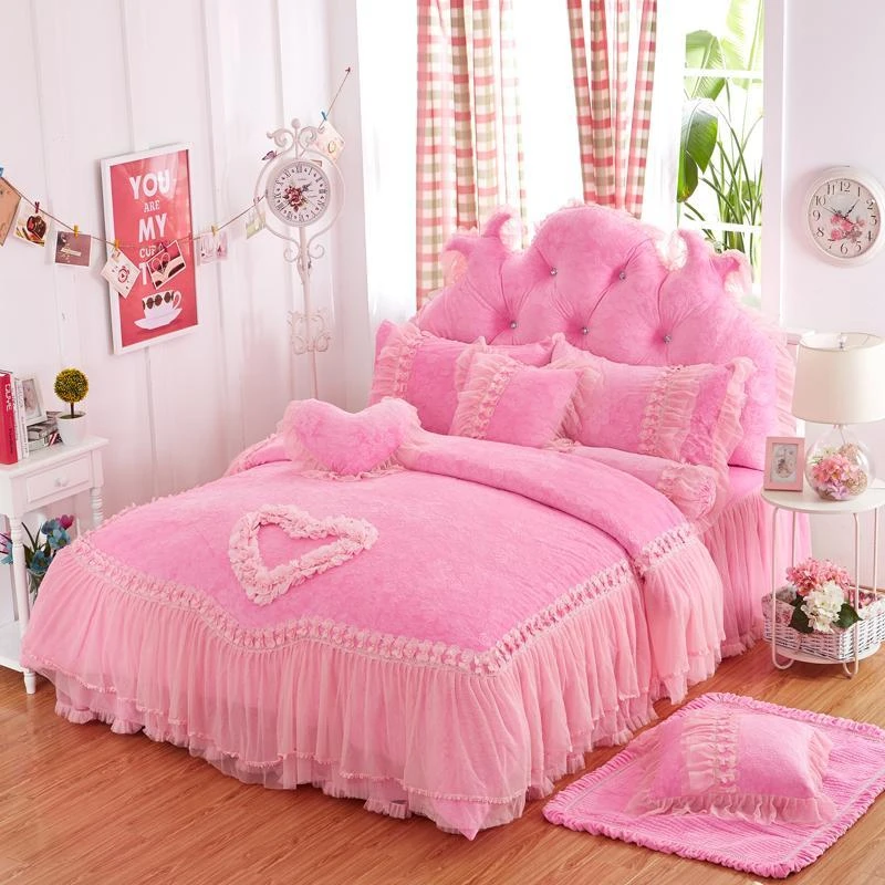 Purple Pink Red Lace Princess Bed Cover Set Thick Fleece Winter Wedding Bedding Set Full Queen King Size Duvet Cover Bed Skirt Bedding Sets Aliexpress