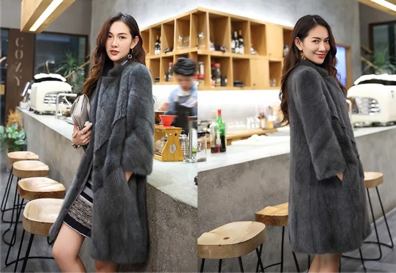 Marca de Luxo Real para Mulheres Superior Vison Pele Cabolsas Comprimento Médio Coreano Gola Nove Pontos Manga Outerwear Feminino 5 das mulheres casacos comprimento médio coreano gola