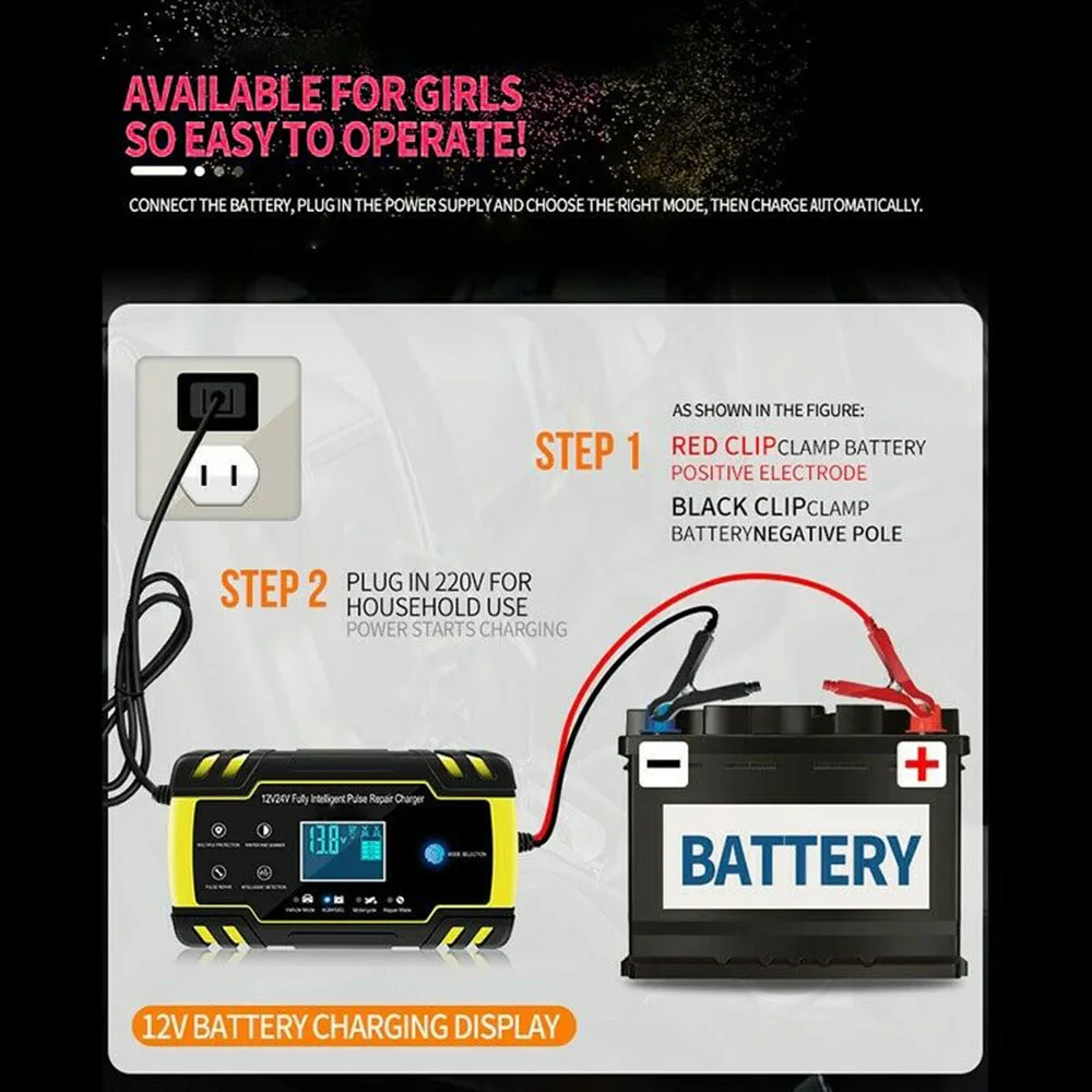 

6Ah-150Ah Automatic Battery Charger For Cars ATV Motorcycles AGM Pulse Repair