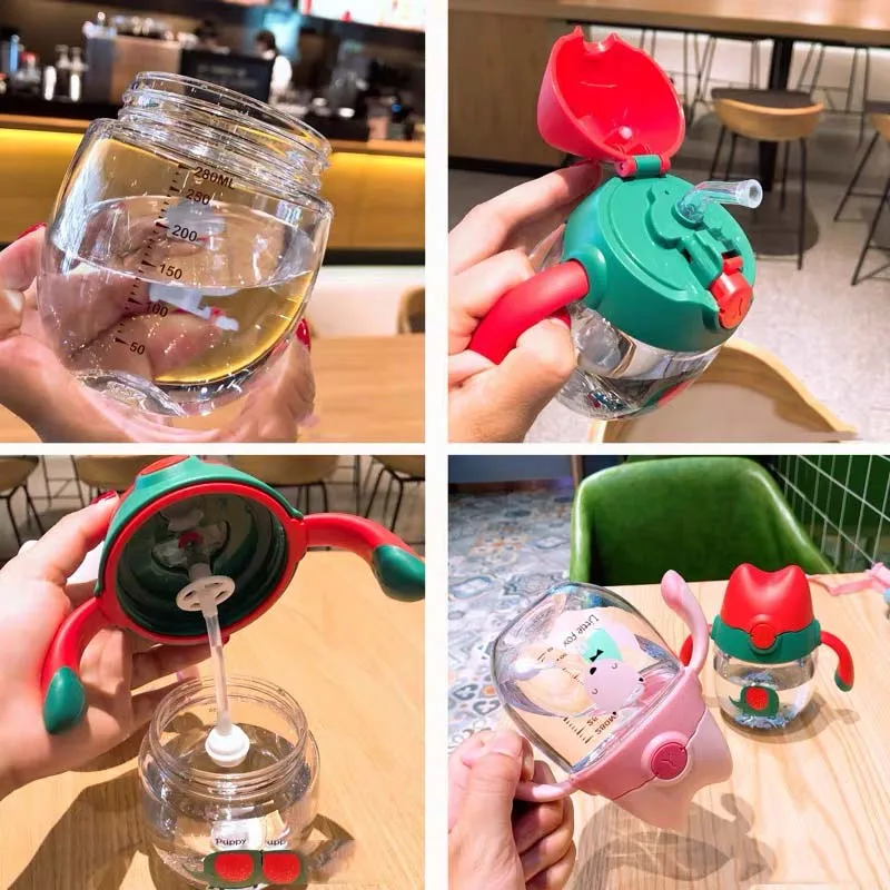 2 Use Baby Water Bottle with Straw 300ML Baby Sippy Cup Infant Feeding Bottle with Handle&Sling Drinking Bottle Training Cup