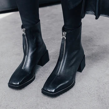 

2020 Autumn Winter Fashion Women Ankle Boots Square Toe Low Heel Shoes Woman Back Zipper Short Booties Black White Botas Mujer