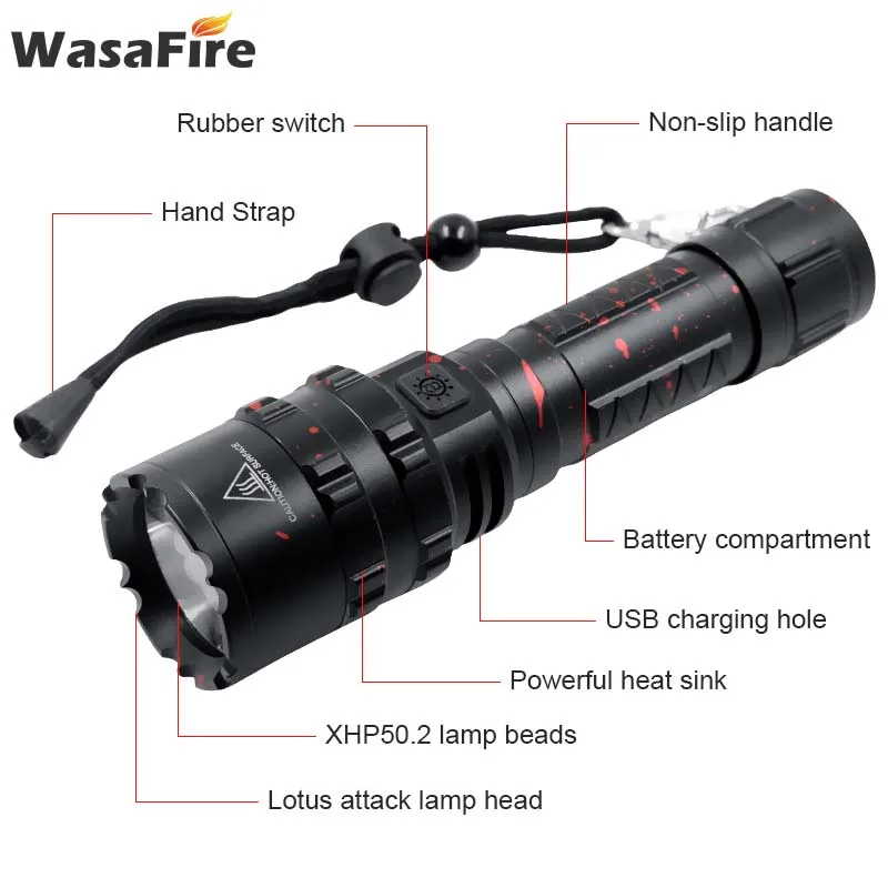Portable Rechargeable XHP 50 LED Flashlight Powerful 5 Modes Tactics Flashlight 18650 Battery Outdoor Camping Bicycle Torch Lamp