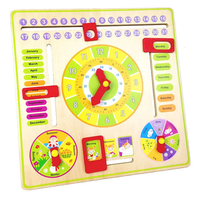 

Wooden Multi-functional with Numbers Clock Calendar Season Weather Cognitive Learning Early Childhood Educational CHILDREN'S Toy