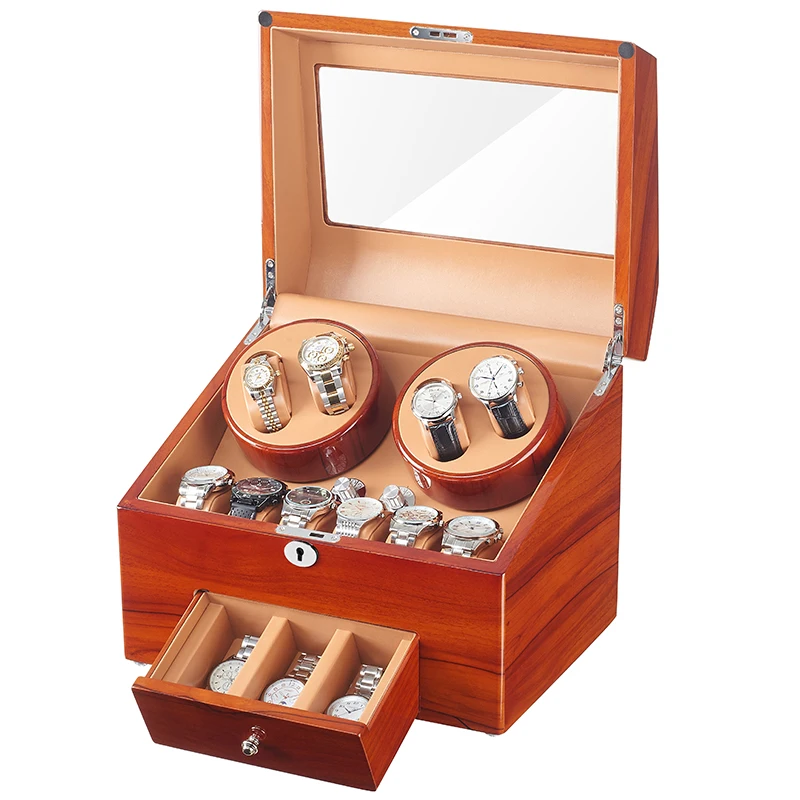 

JQUEEN Automatic Applewood Watch Winder Display Box 4+9 Storages Brown PU Leather Interior