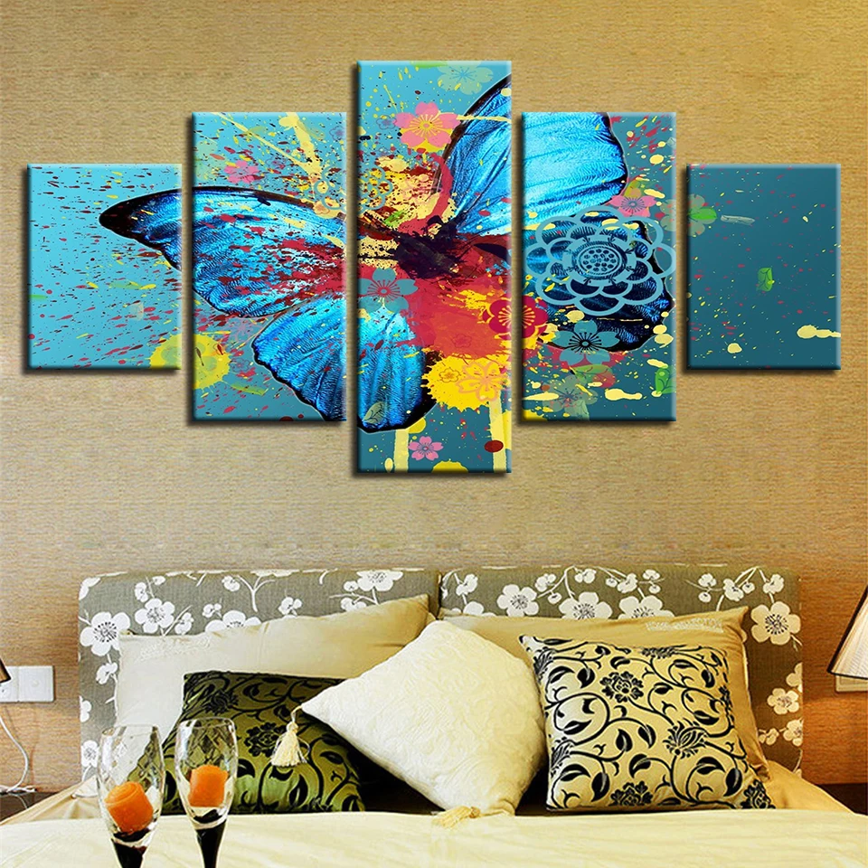 

Framework Printing Poster Modular Pictures Canvas Decor 5 Pieces Colorful Butterfly Abstract Paintings Wall Art Living Room Home