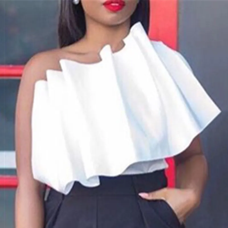 

Sexy Ruffles Crop Top Sleeveless Tops Femme Women Clothes Solid Women Off Shoulder Blouse Summer Top