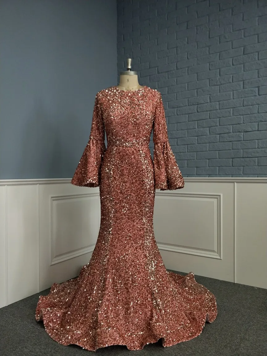 

Modest Coral Jewel Long Mandarin Sleeve Sequined Mermaid Formal Prom Evening Dress Gown
