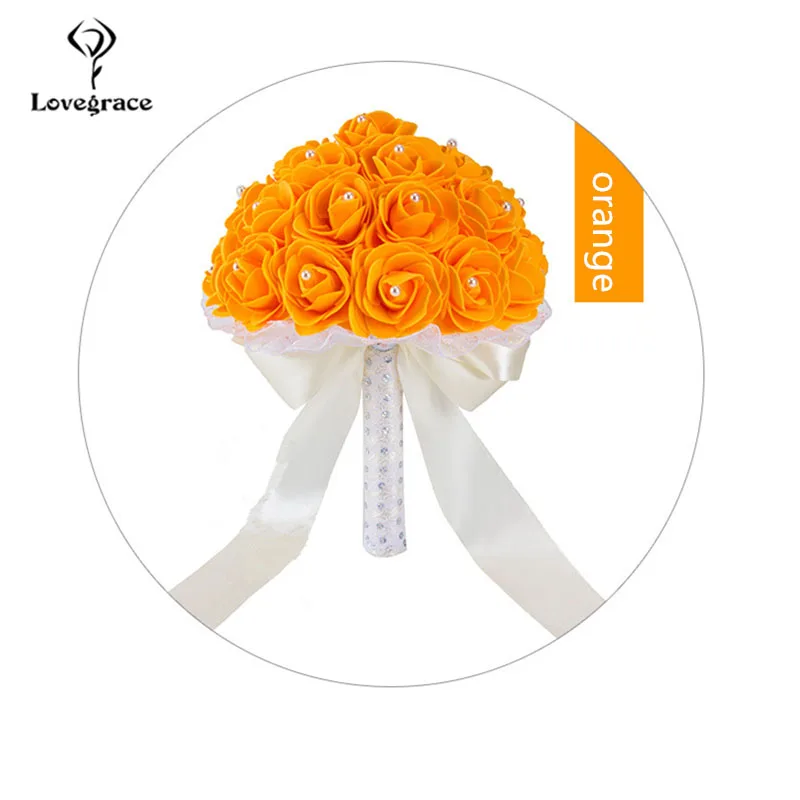 orange Lovegrace Свадебный букет невесты держащий цветок Искусственные из ПЭ розы поддельный букет с жемчугом синий свадебный поставка - Цвет: orange