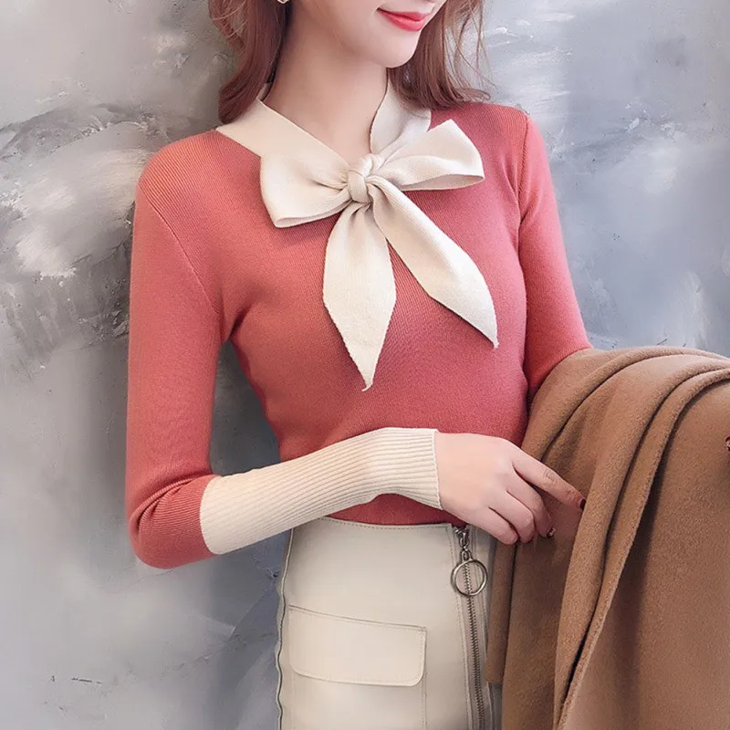 Sweet Sweater Women Autumn New Bow Decoration Casual Sweater V Neck Long Sleeve Stitching Design Knitted Pullover Sweater