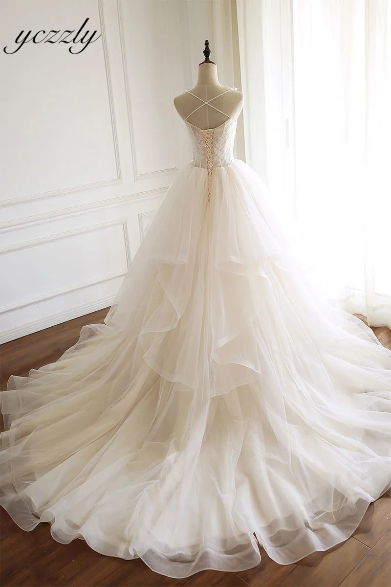 Vestido De Novia De Плайя пикантные тонкие бретельки бальное платье принцессы Свадебные платья с оборками Длинные кружевные свадебные платья W112