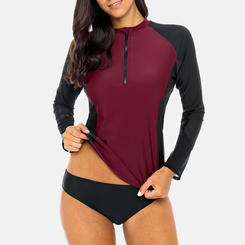 Women Long Sleeve Front Zipper Rashguard Shirt Swimsuit Patchwork Swimwear Surfing Top Hiking Shirt Rash Guard UPF50+