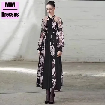 

Elegant Evening Party Women Dress Black Hollow Out Embroidery Ladies Dresses Autumn High Waist Long Sleeve Bandage Women Dress