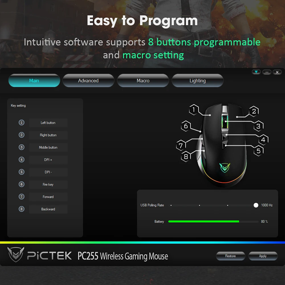 PICTEK PC255 игровая мышь беспроводная 10000 dpi RGB мышь перезаряжаемая эргономичная компьютерная мышь с 8 программируемыми кнопками для ПК
