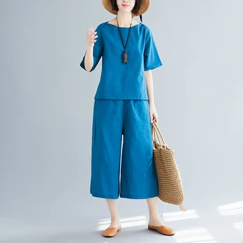 

plus size women two pieces pants sets 2019 autumn new solid cotton and linen t-shirts and pants suits fashion