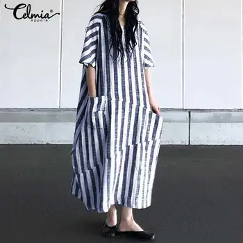 

Celmia Women Vintage Striped Long Dress 2020 Summer Female Short Sleeve Pockets Casual Loose Party Maxi Dress Plus Size Vestidos