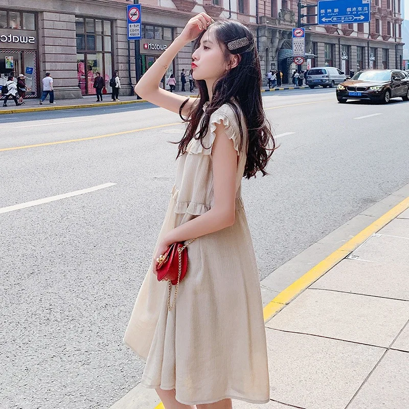 

Photo Shoot INS French GIRL'S First Love Chiffon Apricot Mid-length Frilled Loose Sleeveless Vest A- line Dress