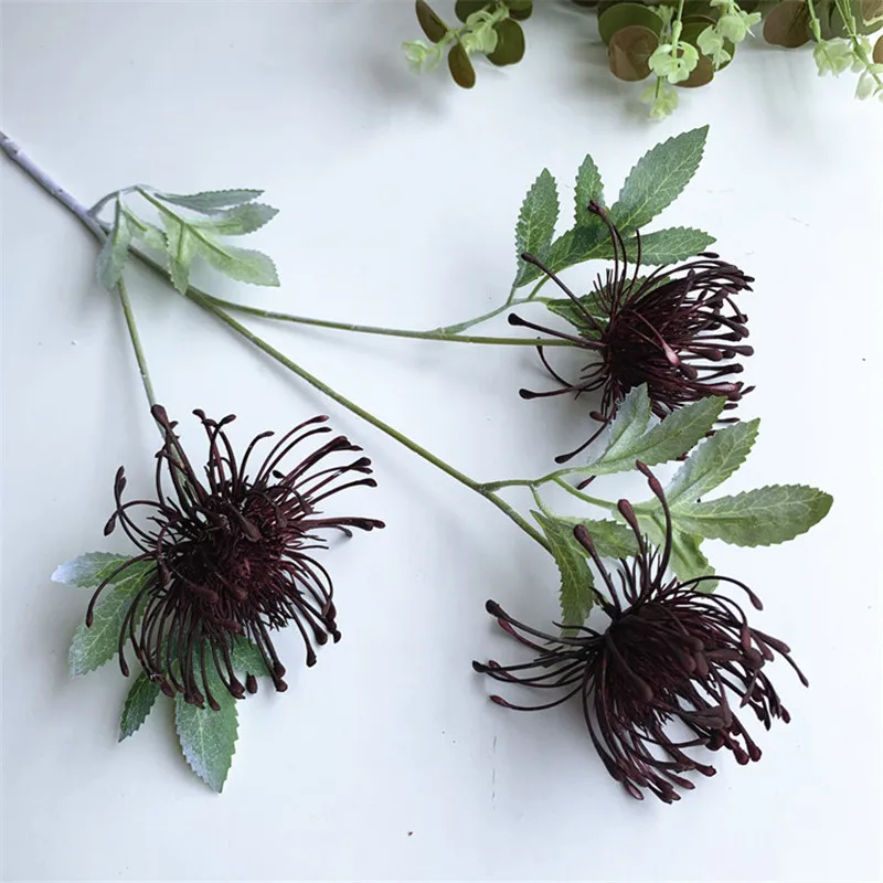 3 головки/ветка Leucospermum искусственные цветы для свадебного украшения Флорес Искусственные пластиковые искусственные цветы - Цвет: A wine red