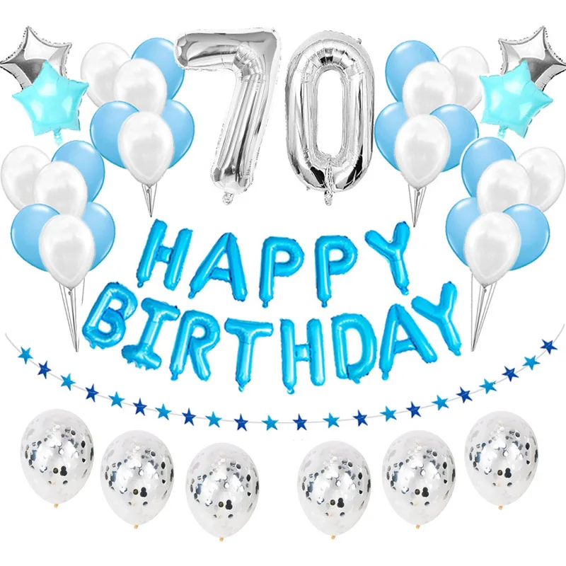 70 birthday 36 шт., серебристые, синие, праздничные украшения для дня рождения, Детские воздушные шары, набор для маленьких мальчиков, баллон, латексный, гелиевый воздух, воздушный шар из фольги, номер 1, 2, 5 - Цвет: 70 birthday