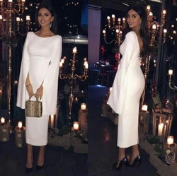 Elegant white tea length Evening Dresses Satin Zipper split long sleeve Evening Gowns Prom Dress robe de soiree فساتين السهرة