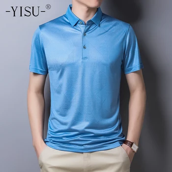 

YISU Men's soft T Shirt summer turndown collar Short sleeve basis pullover high quality Mulberry silk Pure color T-shirt Men