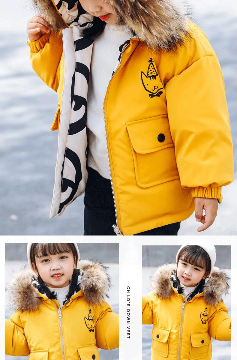 Двусторонний дизайн, пуховики для маленьких девочек Теплые детские пуховики, парки, пальто Детская плотная верхняя одежда с натуральным мехом для холодной зимы