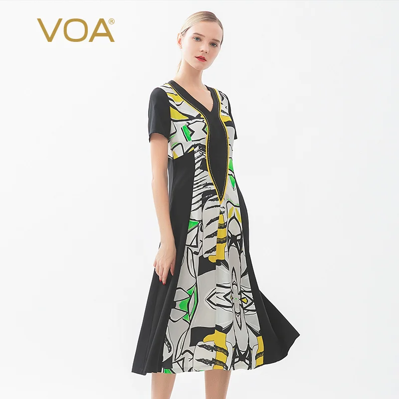 

Voa 36 Mm Weight V Collar Womens Silk Dresses Lead Print Stitching Bright Line Trim Waist Length elegant Dress vestido A10767
