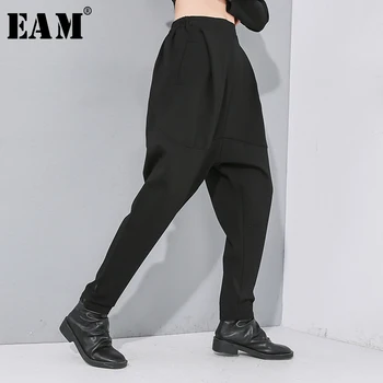

[EAM] High Elastic Waist Black Leisure Long Harem Trousers New Loose Fit Pants Women Fashion Tide Spring Autumn 2020 1N479