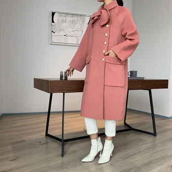 

High-end Double-sided Wool Ladies Jacket Bow-knot Scarf Collar Loose Korean Version 2020 Autumn And Winter New Wool Coat