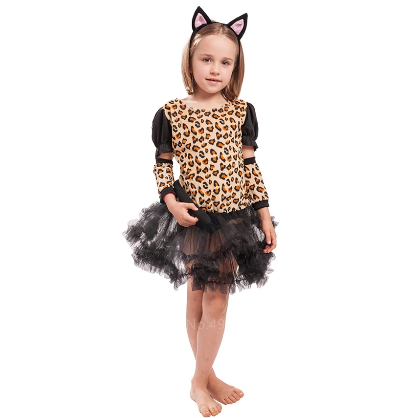 Girls Cute Cartoon Animal Cosplay Costumes Fancy Halloween Carnival KIds Tiger Leopard Purim Party Print Dresses With Headband