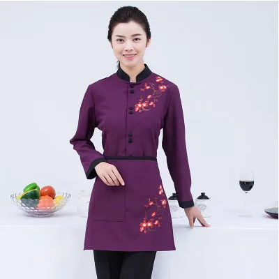 women purple Рабочая одежда с длинными рукавами г. Весенне-осенняя рубашка с цветочным принтом для отеля+ фартук, кофейный официант в кафе, Униформа, пальто, Дешевый ресторан - Цвет: women purple